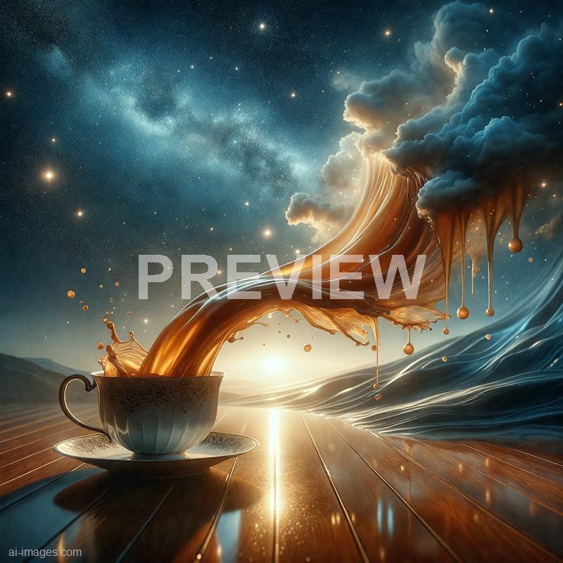 The image depicts an imaginative scene where a stream of metallic, golden-brown liquid is pouring out of a teacup, creating a dynamic splash that appears to defy gravity. The liquid flows upward and outward, blending seamlessly into a surreal landscape that includes a starry, cosmic sky with clouds and a glowing horizon, all set on a wooden surface that reflects the scene. The overall composition combines elements of fantasy and cosmic wonder, with a rich color palette of golds, blues, and warm tones.